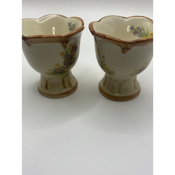 Vintage Ceramic Bunny Floral Egg Cups Set Of 2 With Scalloped Edges - Picture 5 of 10
